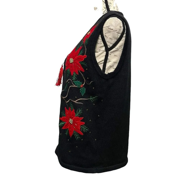 Sarah Bentley Christmas Poinsettia Sweater Vest Size M Full Zip - Picture 4 of 6